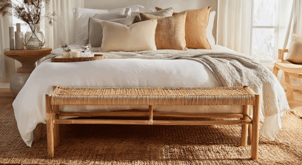 add a rattan bench or accent chair for a natural statement