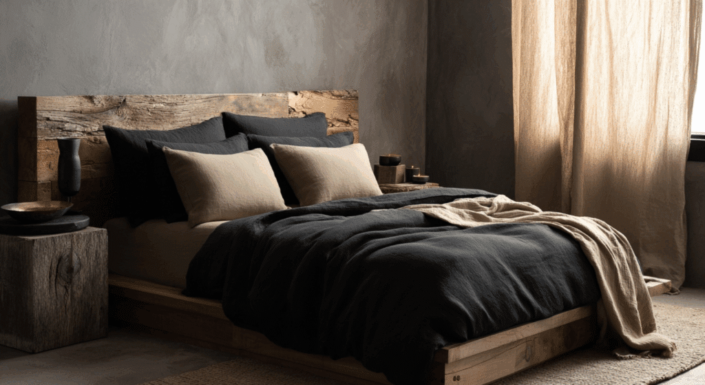 add black or charcoal linen bedding to create visual depth