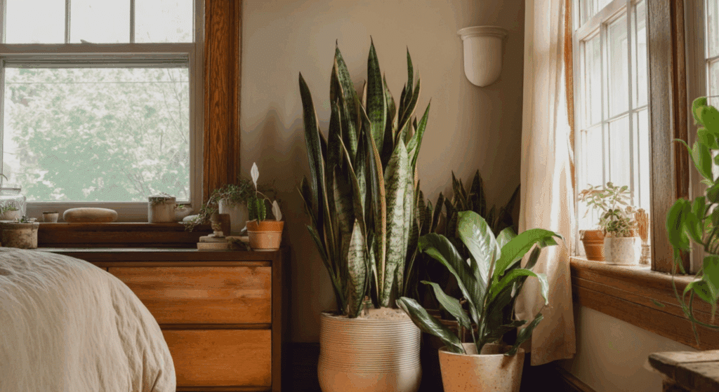 add potted plants like snake plants or peace lilies for greenery