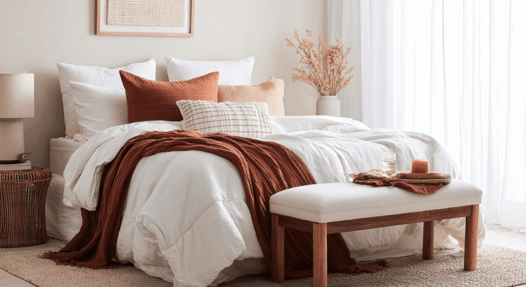 add small color pops with terracotta cushions or burnt orange throws