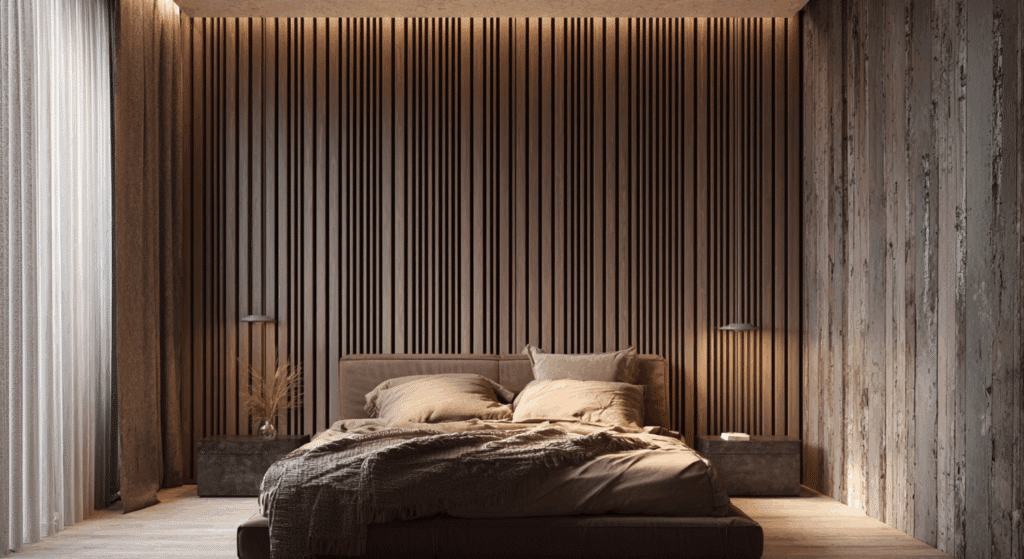 add textured wall panels or wood slats behind the bed