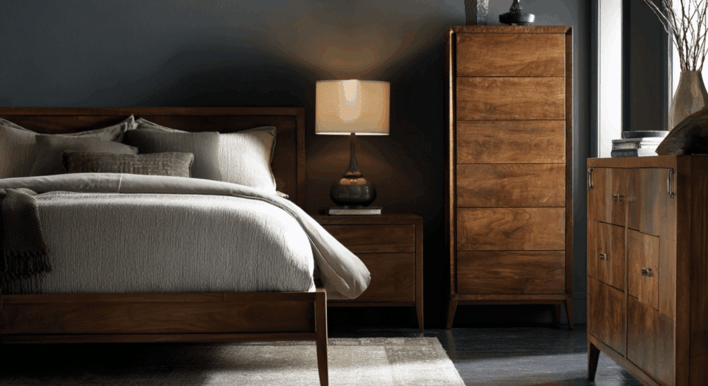 balance dark tones with warm wood furniture