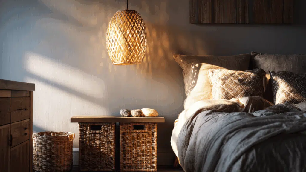 bamboo lamps and wicker baskets