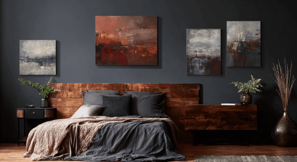 choose artwork with dark organic colors like charcoal or clay