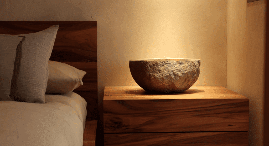 combine smooth wood and rough stone finishes