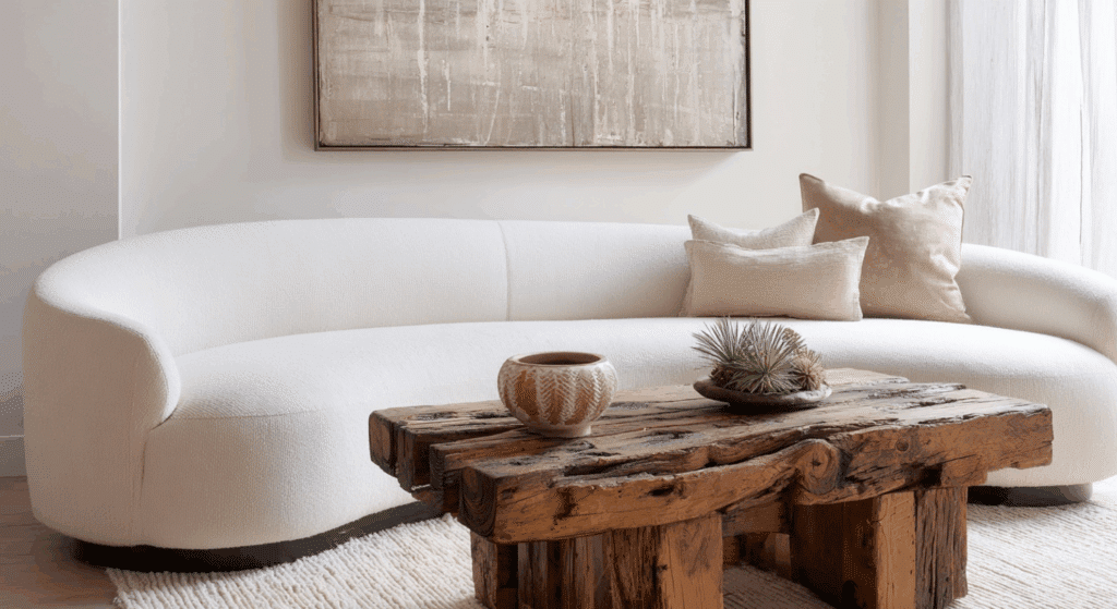 curved sofa with rustic coffee table