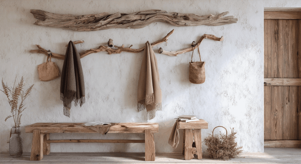 include driftwood decor or branch style wall hooks