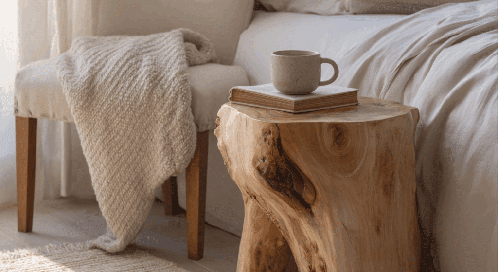 include raw edge wood tables to showcase natural grain