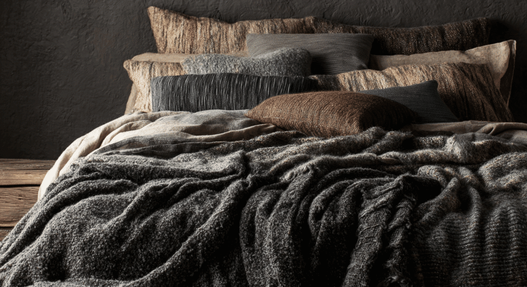 include wool blankets or heavy textures to make the room feel cozy