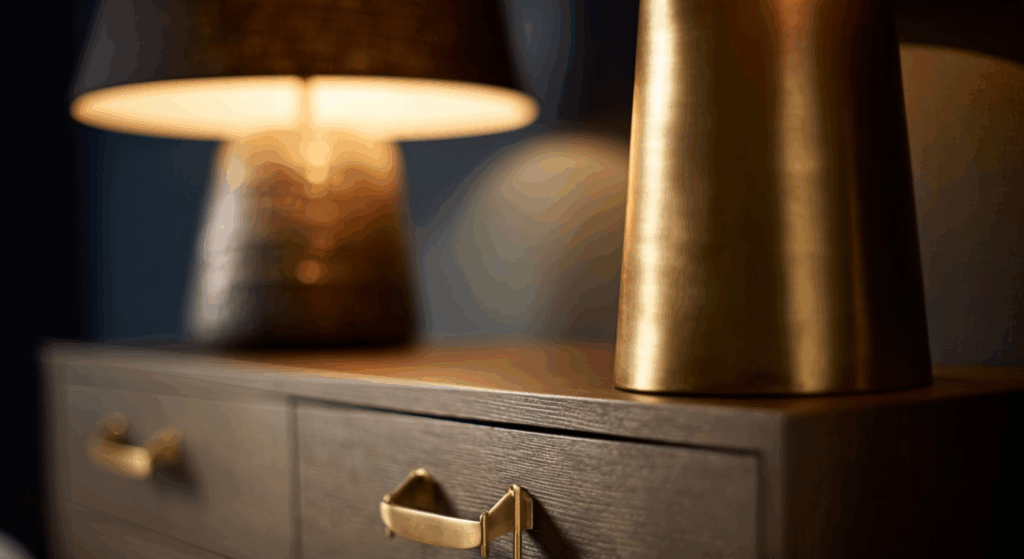 incorporate matte bronze or brass accents for subtle shine