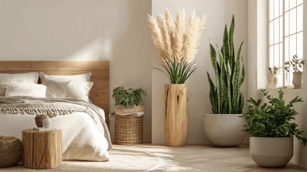 indoor plants and dried pampas grass