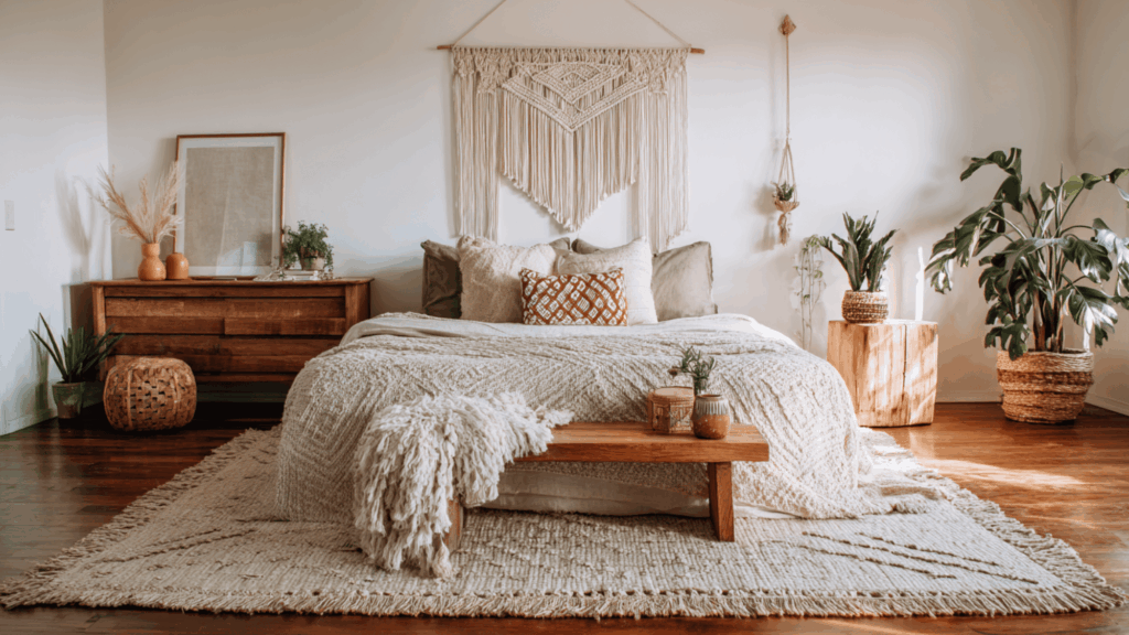 jute rugs and macrame wall hangings