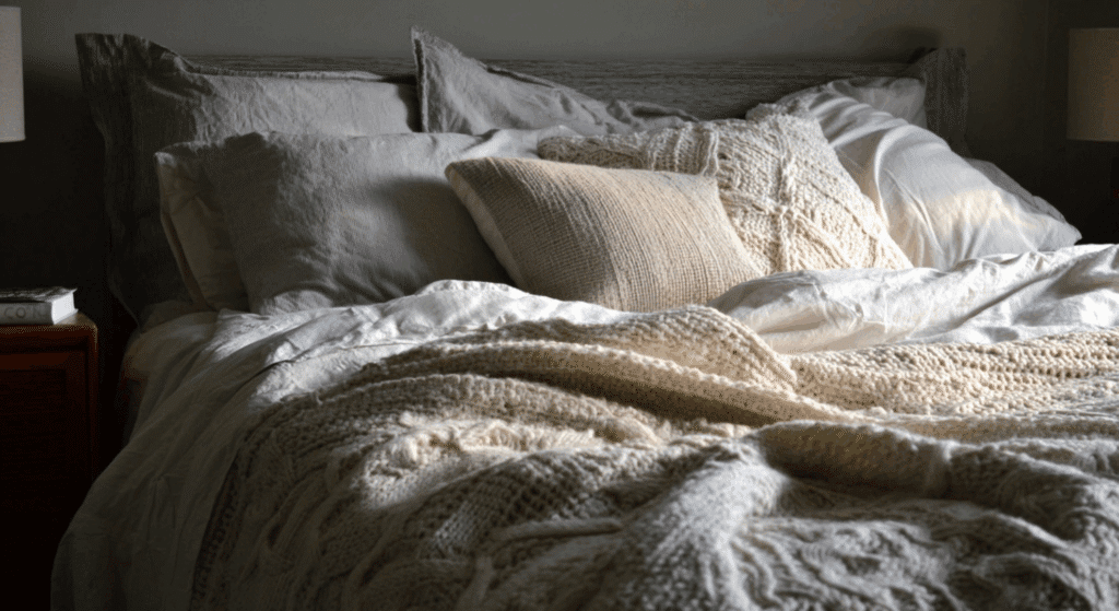 layer cotton linen and knit fabric across the bed and seating