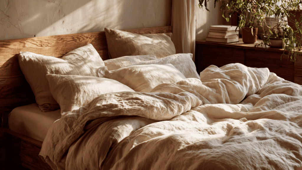 linen bedding in beige and cream tones