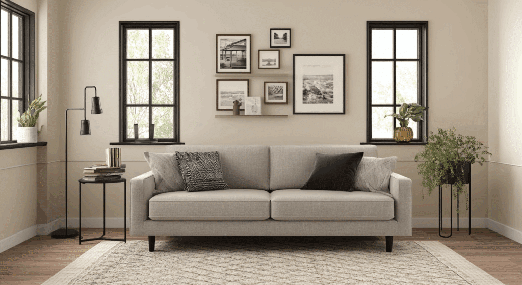 muted earthy palette with black trim