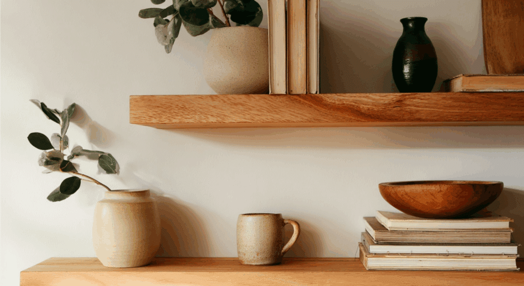 open shelving with natural decor