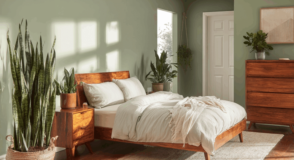 paint walls in soft sage green for a calming botanical base