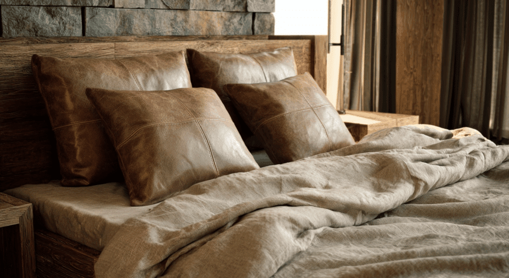 pair leather or faux leather cushions with soft linen bedding