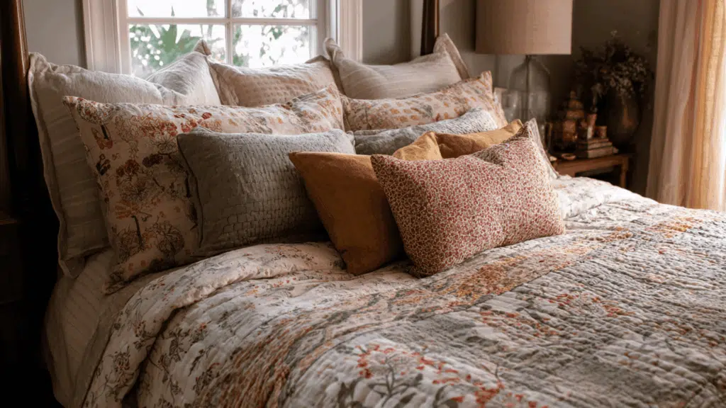 patterned quilts and embroidered pillows
