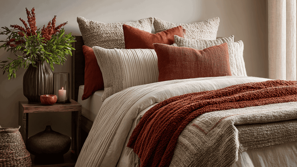 rust colored accent pillows and throws