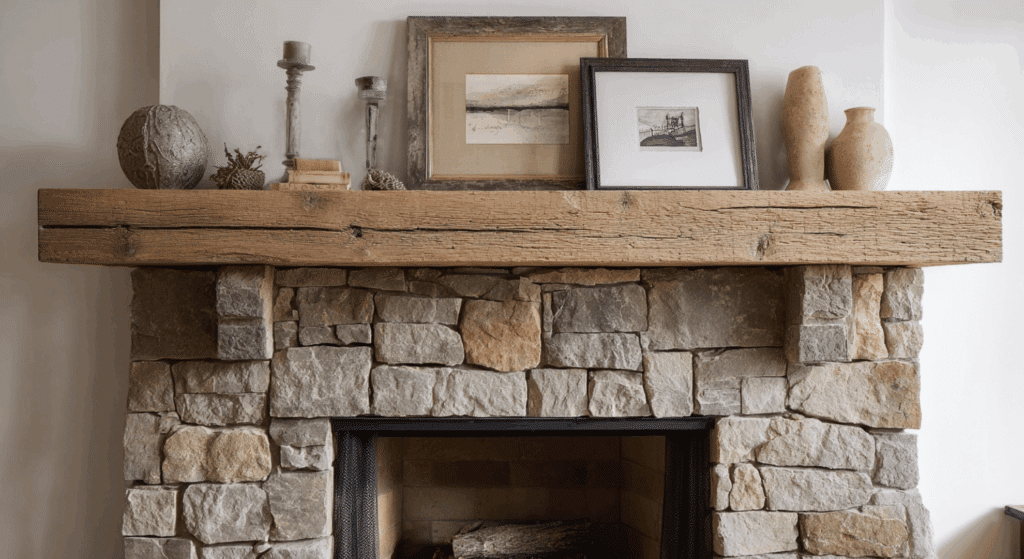 stone fireplace and wooden mantel