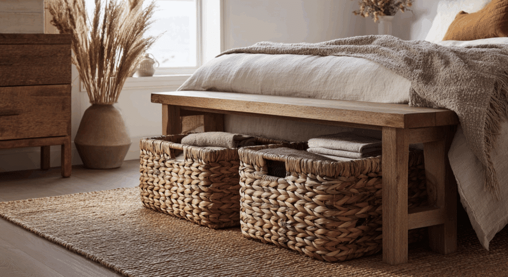 use woven baskets for storage instead of plastic bins