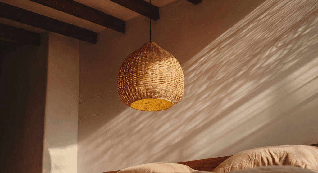 use woven pendant lighting to cast a soft organic glow