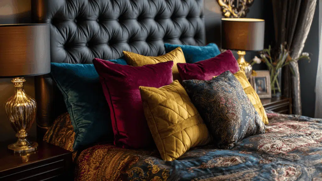 velvet bedding with gold accents