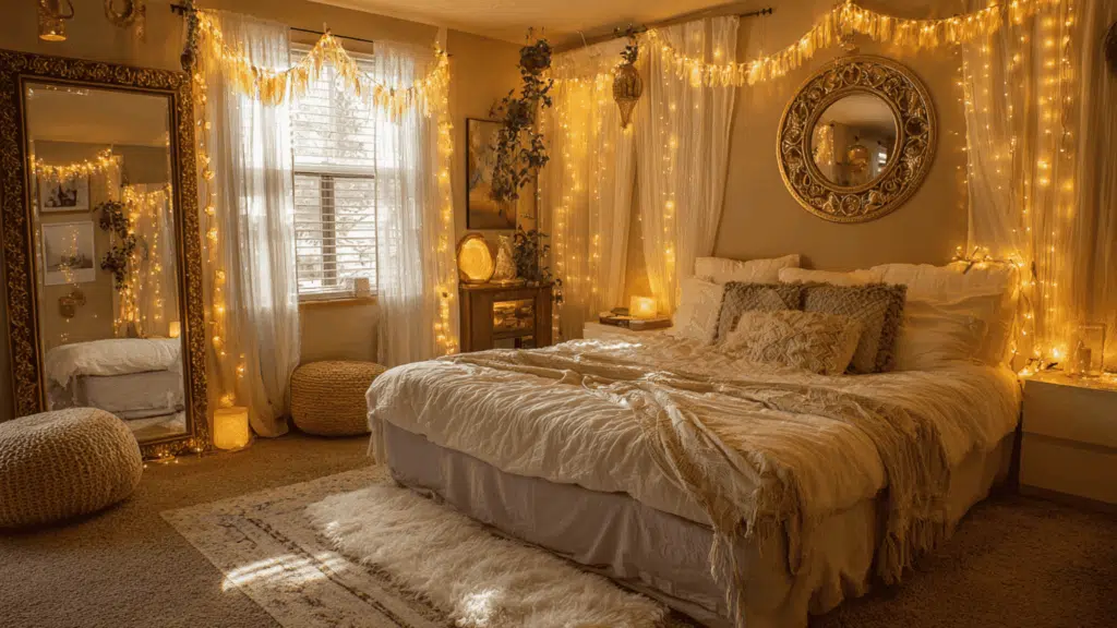 warm fairy lights and tasseled garlands