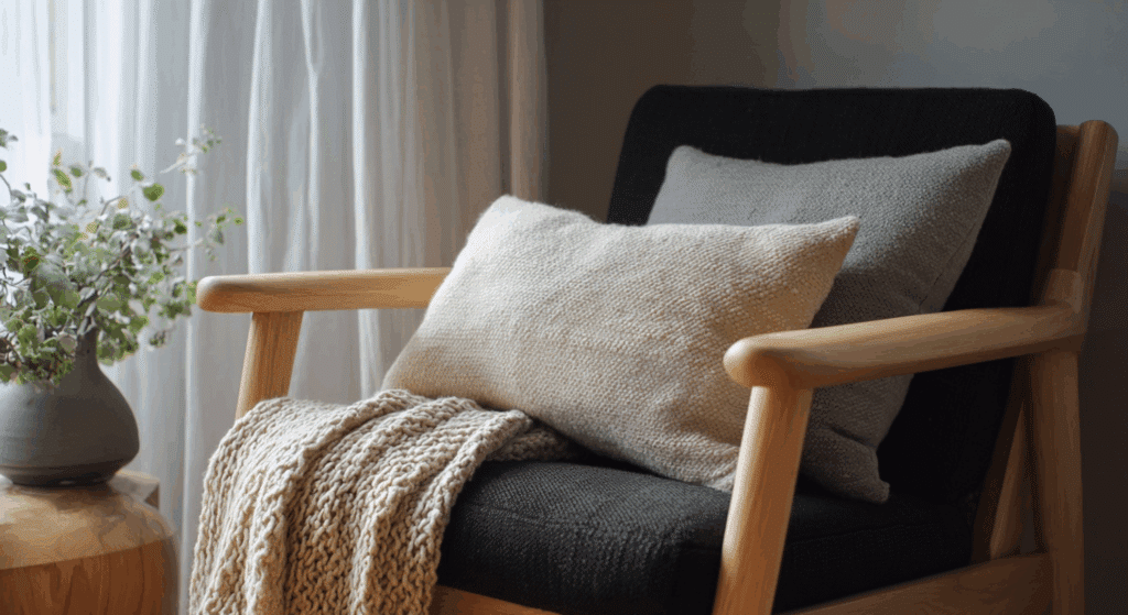 warm wood with soft fabrics