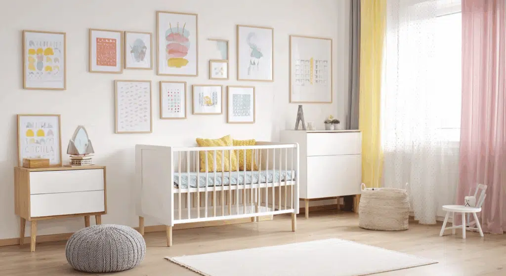 white walls with colorful art