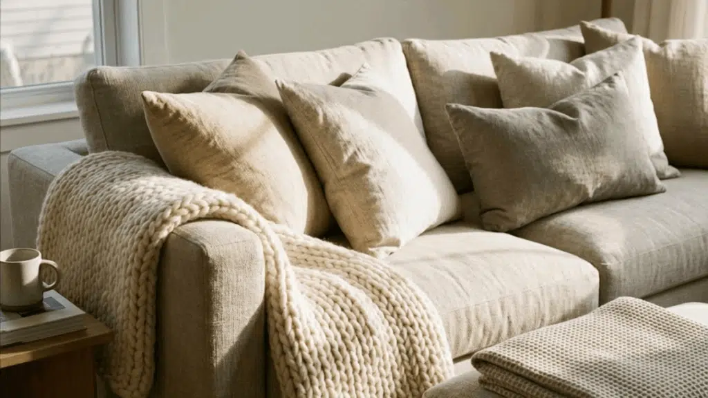 drape plush throw blankets and scatter soft pillows