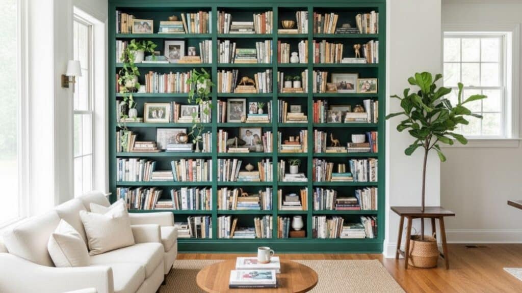 emerald green built in shelving