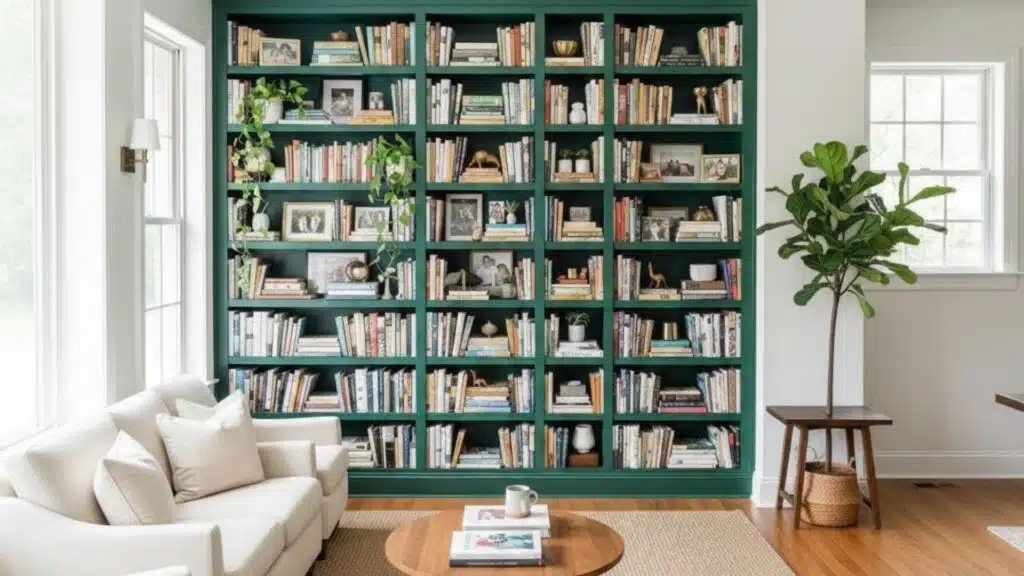 emerald green built in shelving