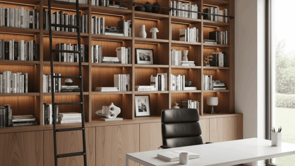 floor to ceiling library wall with a rolling ladder