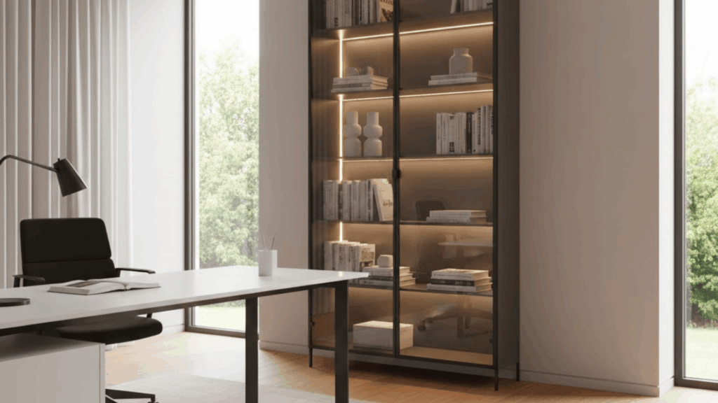glass display cabinet for books and decor