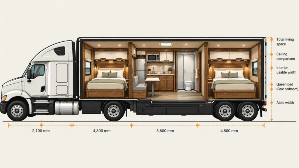 two-bedroom truck cutaway with queen beds, kitchen, bathroom, and living space