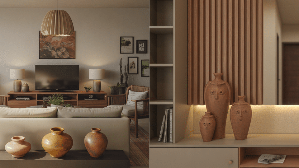 add clay pottery and handcrafted decor in small groups