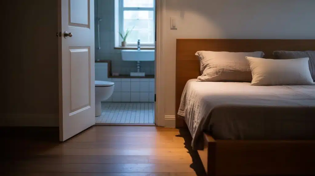 bed aligned with bathroom