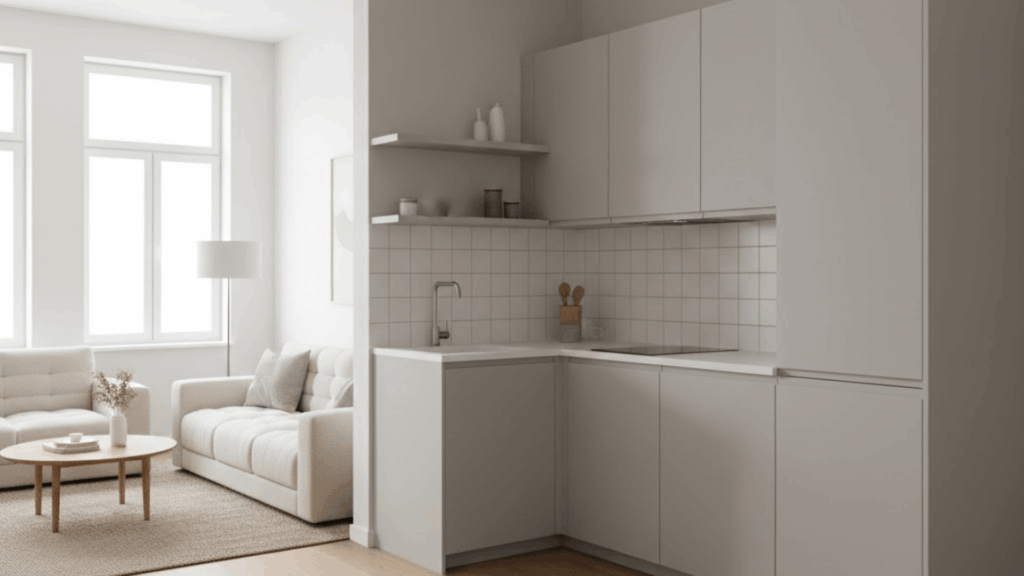 corner kitchen With open living area