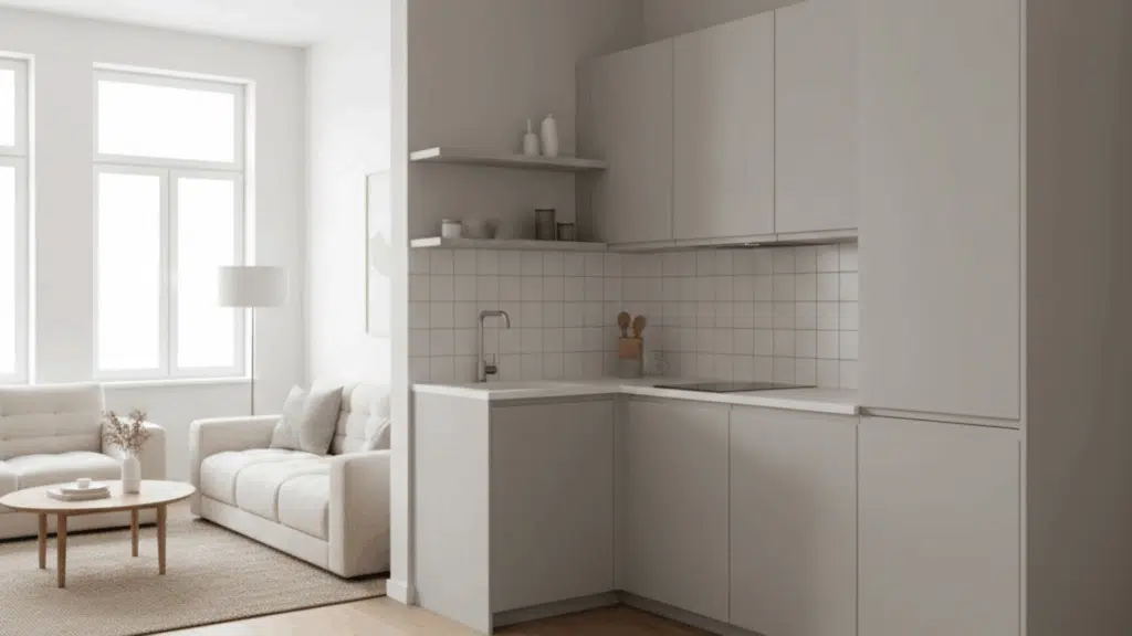 corner kitchen With open living area