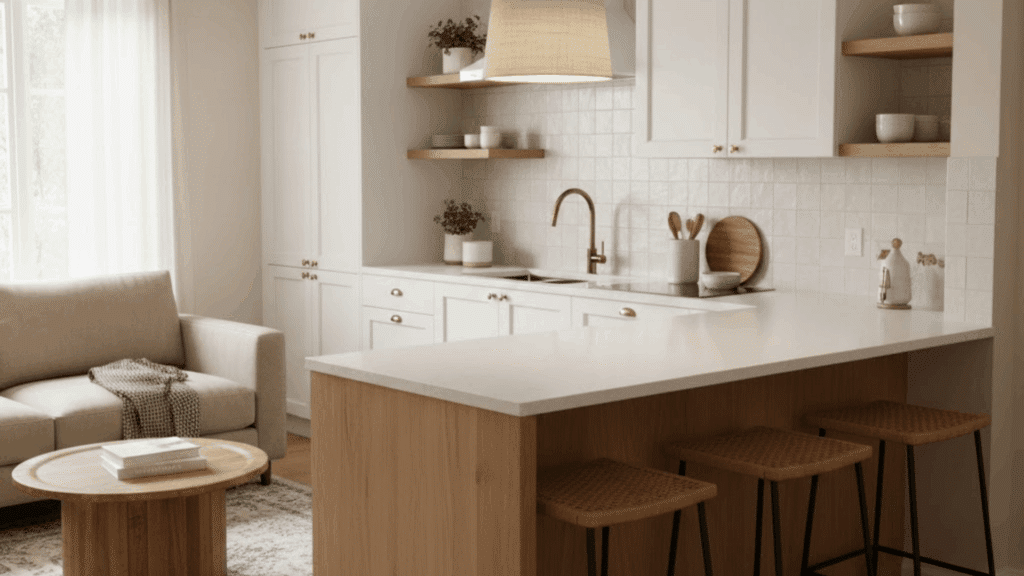 kitchen peninsula With living room seating