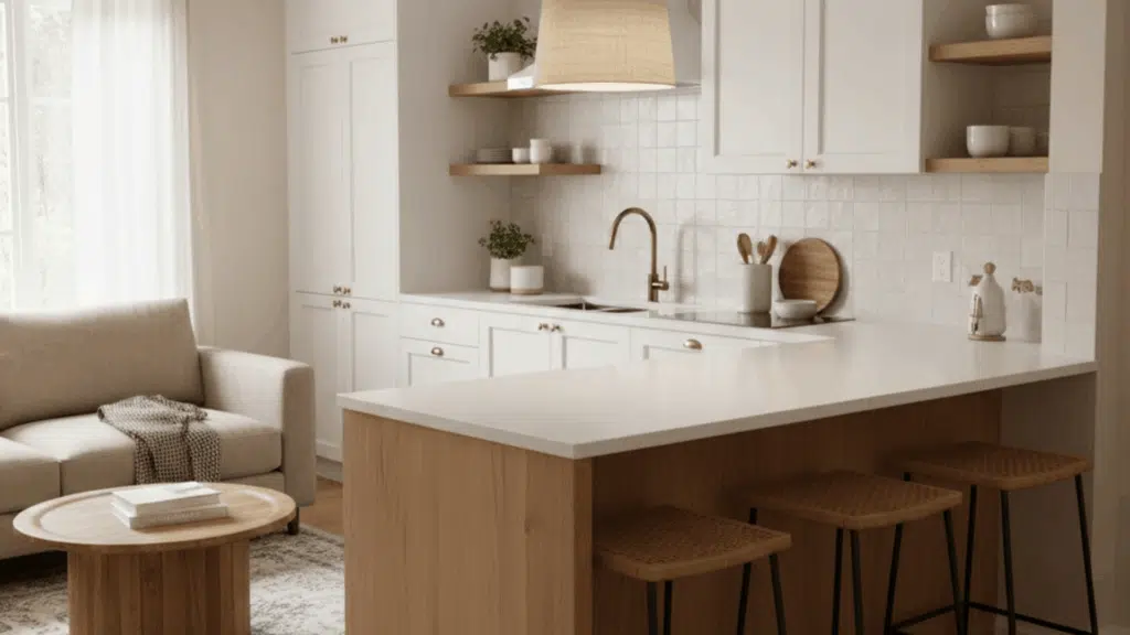 kitchen peninsula With living room seating