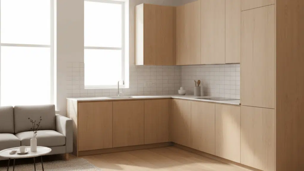 l shaped kitchen open to living area