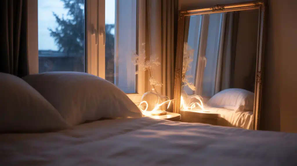 mirror facing the bed