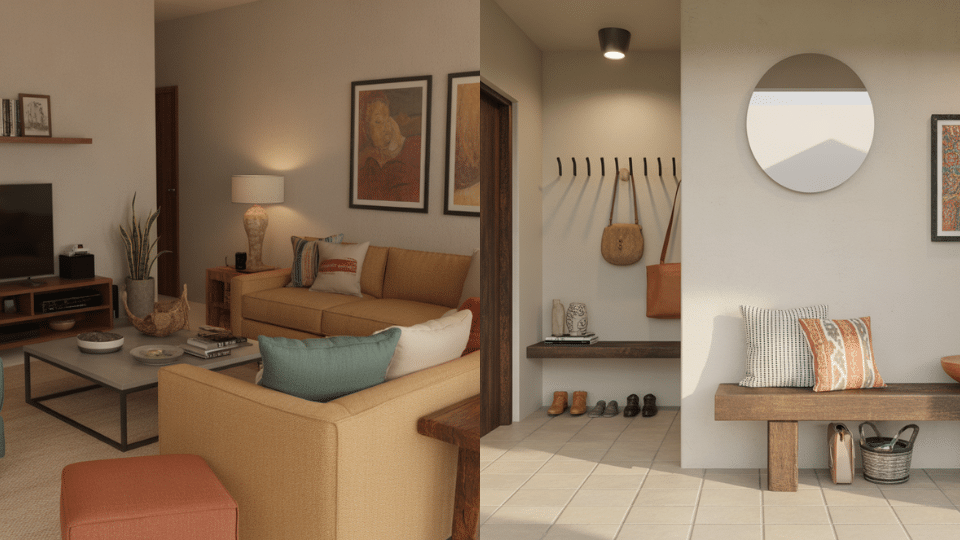 mix modern furniture with one rustic wood piece