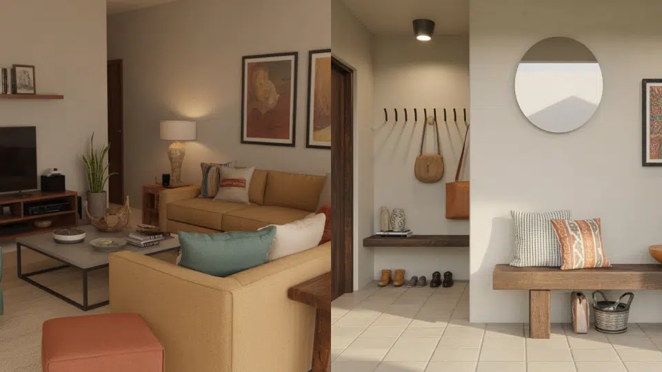 mix modern furniture with one rustic wood piece