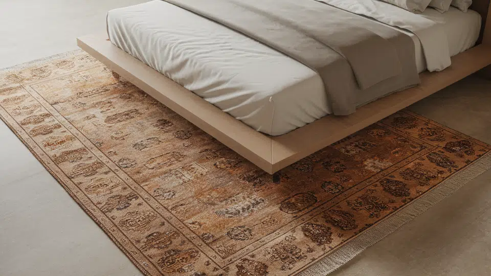 rug partially under the bed