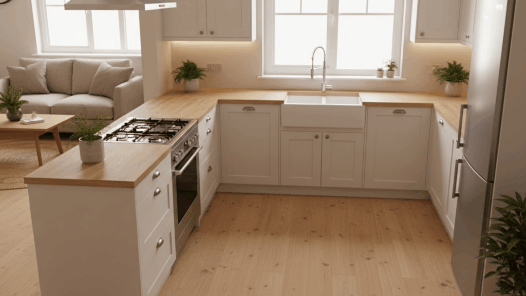 u shaped kitchen open to living room