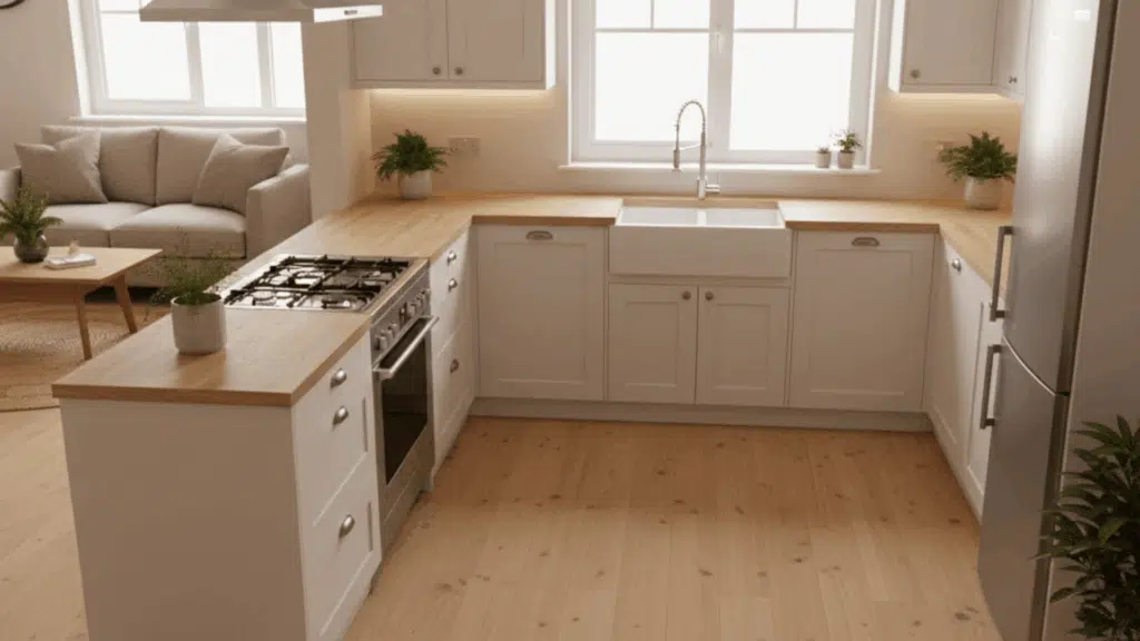 u shaped kitchen open to living room